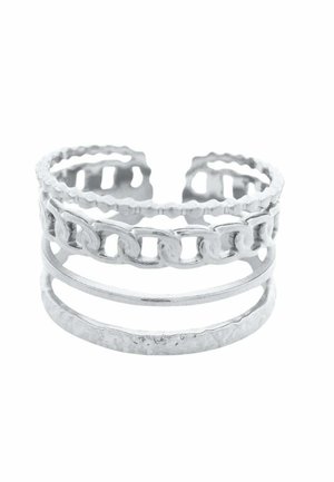 Anello in argento con design a strati, caratterizzato da un motivo a catena, texture martellata e accentuazioni lisce. Stile regolabile con apertura sul retro.