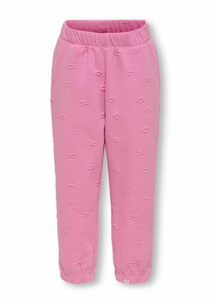 Rosa bukser til småbørn med elastik i taljen og ved benene, med små hævede sløjfemønstre over hele stoffet.