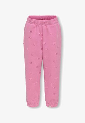 Rosa bukser til småbørn med elastik i taljen og ved benene, med små hævede sløjfemønstre over hele stoffet.