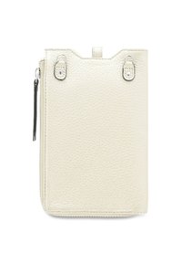 Textured beige leather wallet with a top zipper, dual snap closures, and a vertical shape. Features a loop for attachment on the side.