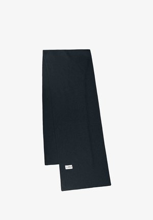 Zwarte sjaal van zachte stof, met een gladde textuur en rechthoekige vorm. Inclusief een klein label aan één rand.