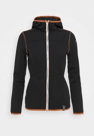 Veste noire zippée avec capuche, bordure marron sur la fermeture éclair, les poignets et l'ourlet, manches longues, présentée sur un fond blanc.