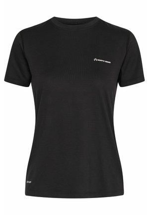 Black short-sleeve t-shirt made of smooth fabric, featuring a fitted silhouette and a small white "NORTH BEND" logo on the chest.