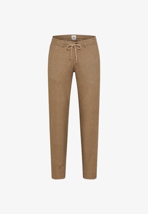 Bruine, geweven tapered broek met een elastische tailleband en verstelbare trekkoord, voorzien van twee zijzakken en een casual ontwerp.