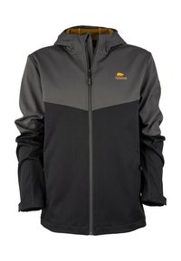 Chaqueta softshell en negro y gris con cierre delantero de cremallera, capucha y forro de malla. Presenta un logo en el pecho y puños ajustables.