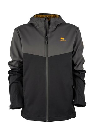 Black and gray softshell jacket with a zip front, hood, and mesh lining. Features a logo on the chest and adjustable cuffs.