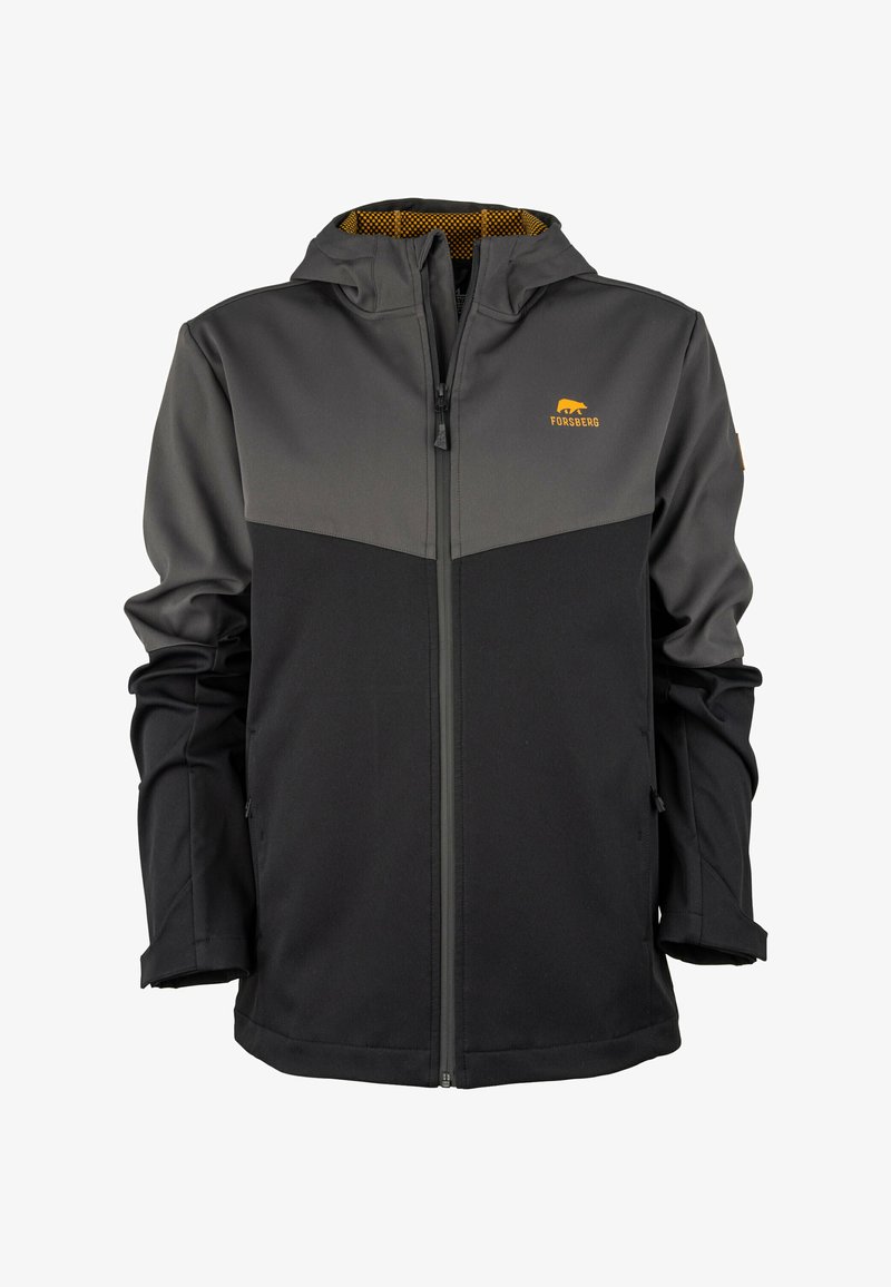 Chaqueta softshell en negro y gris con cierre delantero de cremallera, capucha y forro de malla. Presenta un logo en el pecho y puños ajustables.