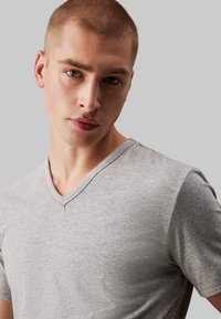 Gray V-neck t-shirt made from soft fabric with a subtle heather texture. Short sleeves and a relaxed fit.