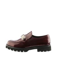 Burgundy patent leather loafer with textured upper, black rubber sole, and silver buckle detail on the vamp. Classic, low-profile design.