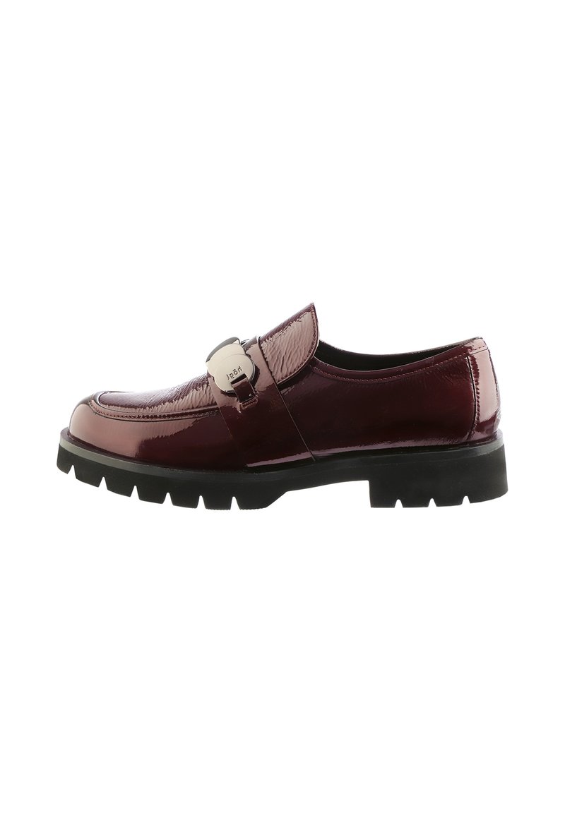 Burgundy patent leather loafer with textured upper, black rubber sole, and silver buckle detail on the vamp. Classic, low-profile design.