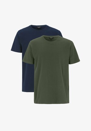 Zwei kurzärmelige T-Shirts, eines in Marineblau und eines in Olivgrün, aus einem weichen, atmungsaktiven Material. Rundhalsausschnitt, normale Passform.