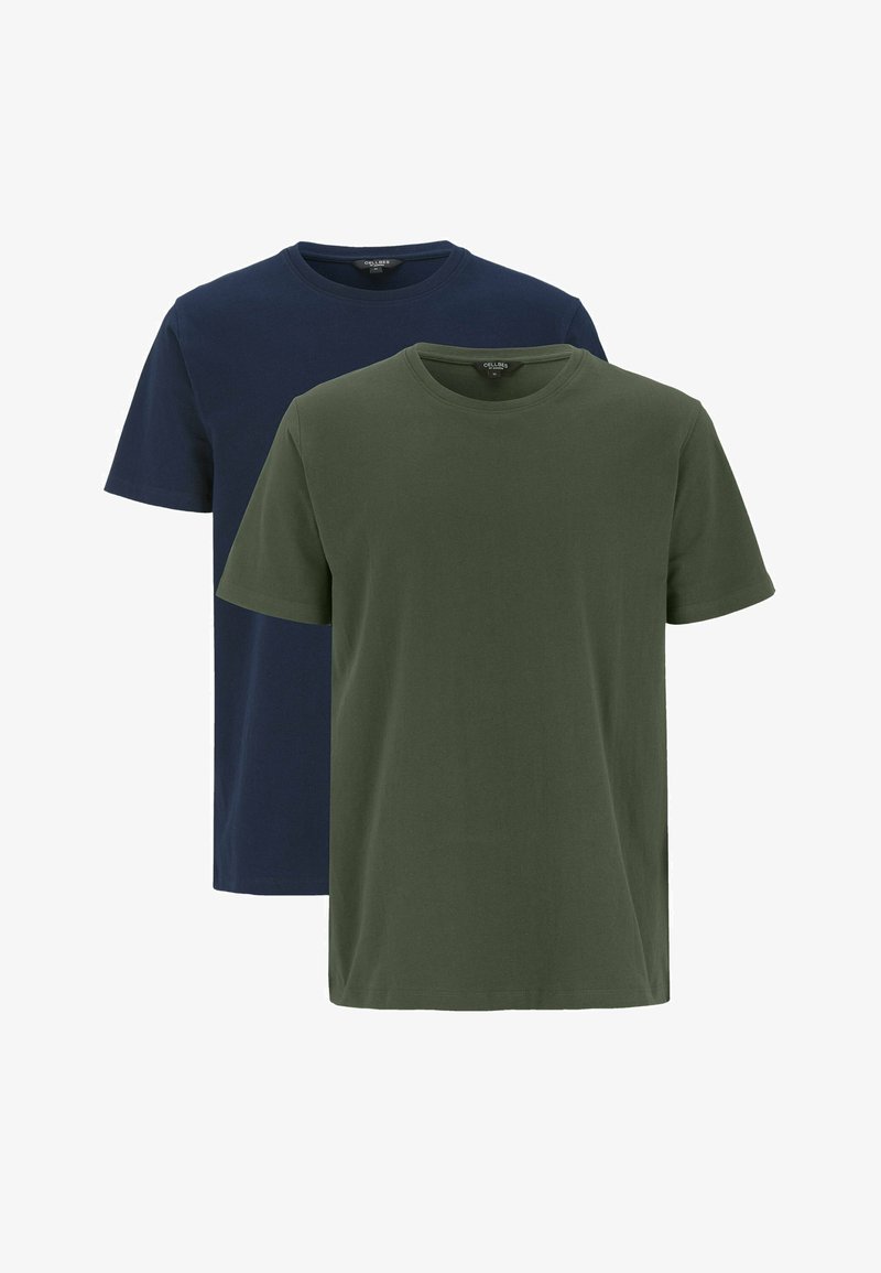 Twee t-shirts met korte mouwen, één marineblauw en één olijfgroen, gemaakt van een zachte, ademende stof. Ronde halsontwerp, standaard pasvorm.