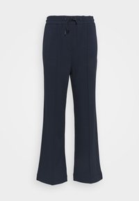 Navy wide-leg pants made from soft fabric, featuring an elastic waistband with a drawstring and clean, unembellished lines.