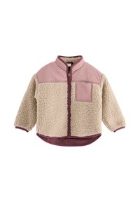 Kurtka z polaru z beżowym korpusem, różowymi akcentami na ramionach i kieszeniach, zamkiem błyskawicznym z przodu oraz zaokrąglonym dołem. Teksturowana powierzchnia zapewniająca ciepło.