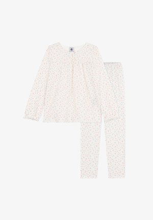 Cotton pajama set with a white background, featuring small colorful floral patterns. Long-sleeve top with a rounded neckline and elastic cuffs; matching elastic-waist pants.