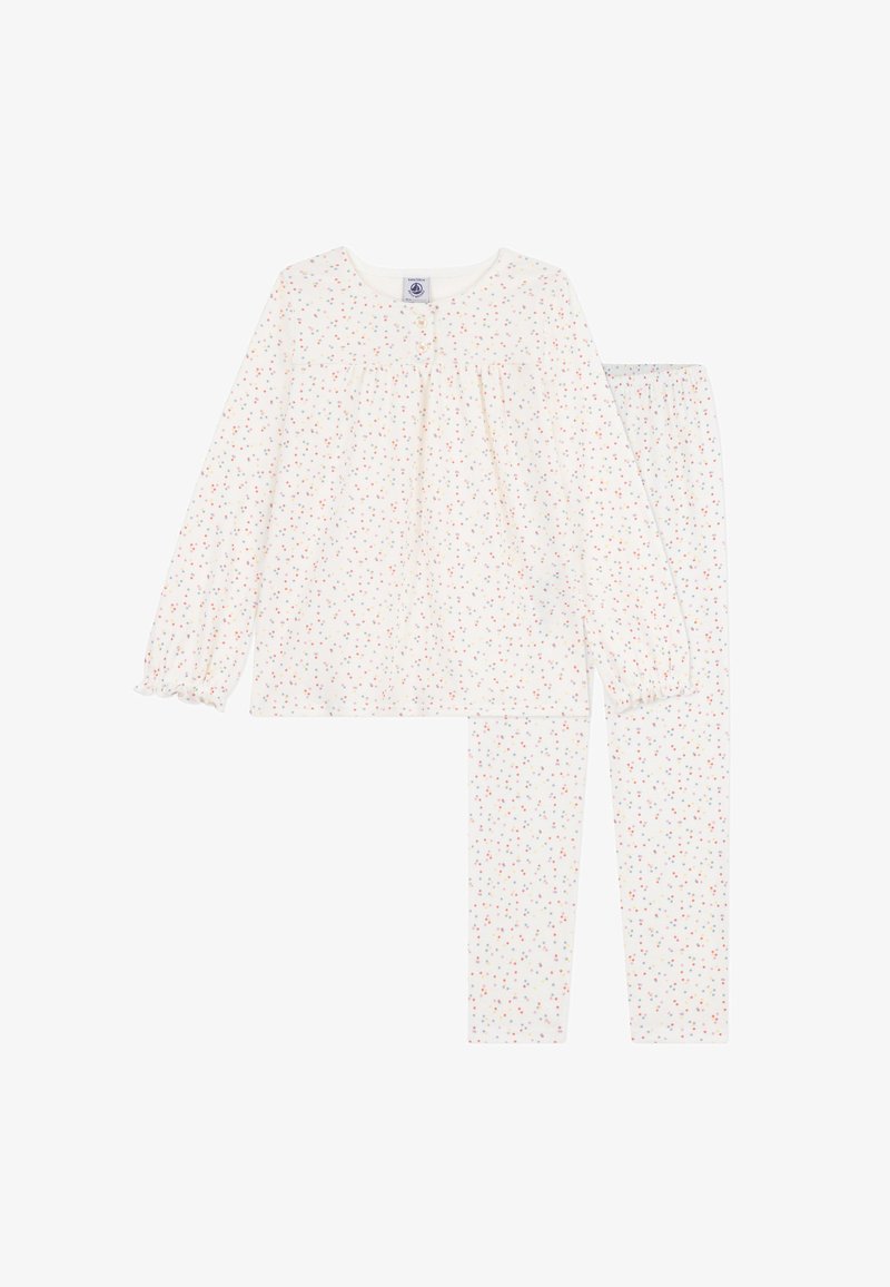 Baumwoll-Schlafanzugset mit weißem Hintergrund, das kleine, farbenfrohe Blumenmuster zeigt. Langärmliges Oberteil mit rundem Ausschnitt und elastischen Bündchen; passender Schlafanzughose mit elastischem Bund.