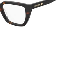 Occhiali rettangolari neri e tartarugati con lenti trasparenti. Presentano il marchio "LOVE MOSCHINO" in oro sulla stanghetta.