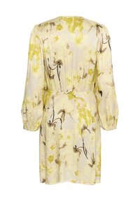 Hellgelbes Blumenkleid mit langen Puffärmeln, taillierter Taille und abstrakten grünen und braunen Blumenmustern.