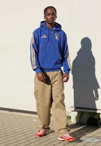 Felpa con cappuccio blu con bandiera italiana, pantaloni beige a gamba larga e scarpe da ginnastica rosse. La felpa presenta strisce bianche lungo le maniche.