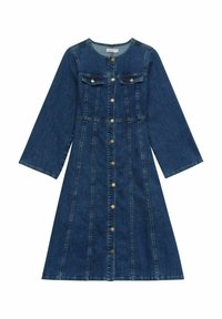 Denimimekko, jossa on napitettava etuosa, kaulukseton muotoilu, pitkät hihat ja kaksi rintataskua; siinä on kultasävyiset napit ja ommeltuja yksityiskohtia.