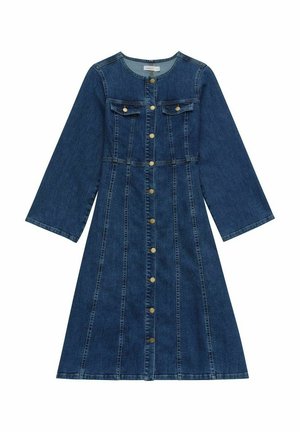 Sukienka dżinsowa z zapięciem na guziki z przodu, bez kołnierzyka, długimi rękawami oraz dwiema kieszeniami na piersiach; posiada złote guziki i przeszycia.