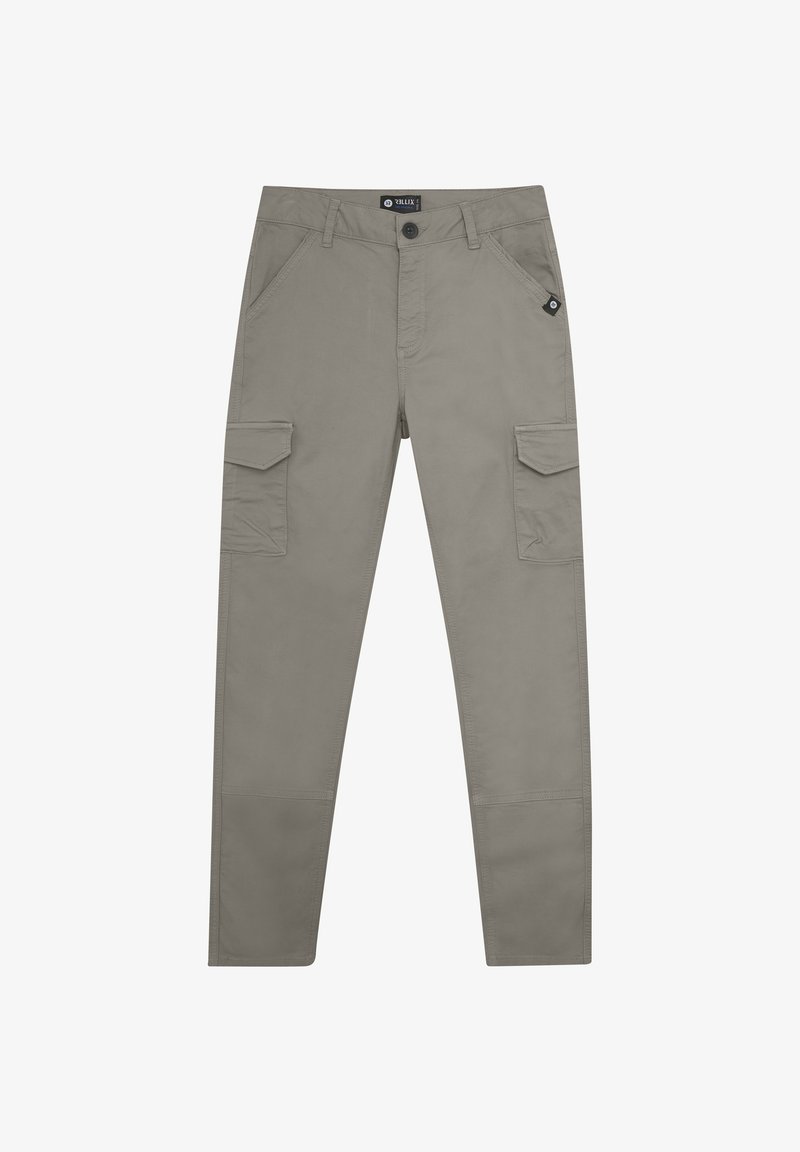 Cargo broek in lichtgrijs, met meerdere utility zakken, een rechte pijpdesign en een knoopsluiting bij de taille.