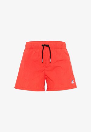 Bañador corto rojo con cintura de cordón negro y pequeño logo de K-Way en la parte inferior derecha, mostrado sobre un fondo blanco.