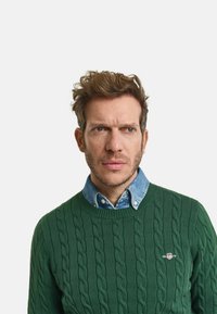 Grüner Kabelstrickpullover mit Rundhalsausschnitt, über einem hellblauen Jeanshemd getragen. Verfügt über ein kleines Logo auf der Brust.