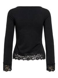 Zwart shirt met lange mouwen en bloemenkantafwerking op de manchetten en zoom, waarbij de achterkant van het kledingstuk wordt getoond.