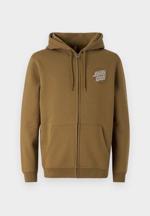 Brauner Kapuzenpullover mit durchgehendem Reißverschluss, Fronttaschen und kleinem "Santa Cruz"-Logo auf der linken Brust.
