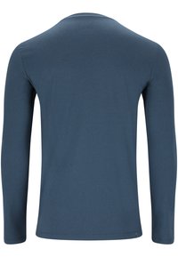 Long-sleeve, crew-neck shirt in dark blue, made of soft cotton blend, featuring a smooth texture and minimal seam detailing on the back.
