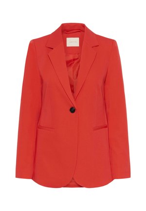 Roter Damenblazer mit einem schwarzen Knopf, notched Revers und zwei Seitentaschen, auf weißem Hintergrund dargestellt.