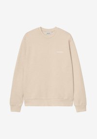 Sudadera beige de tejido suave, con cuello redondo, mangas largas y un sutil logo blanco en el pecho. Textura lisa y ajuste relajado.