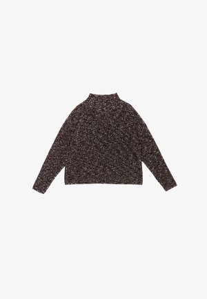 Rjav pleten pulover z visokim ovratnikom, dolgimi rokavi in teksturiranim vzorcem. Material vsebuje kovinske nitke za svetleč učinek.