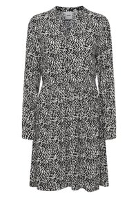 Musta-valkoinen mekko, jossa on pitkät hihat, V-pääntie, kootut vyötärölinjat ja abstrakti kuvio. Valmistettu kevyestä kankaasta, jossa on rento istuvuus.