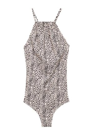 Tierisches Print-Einteiler-Badeanzug mit dünnen Trägern, Raffung und einem glatten, leichten Stoff in Beige und Schwarz.