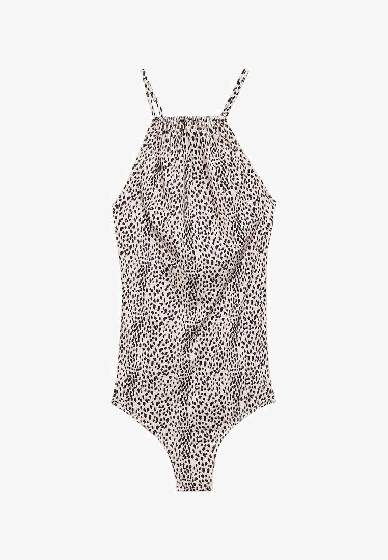 Animal print one-piece swimsuit with thin straps, gathered detailing, and a smooth, lightweight fabric in beige and black.
