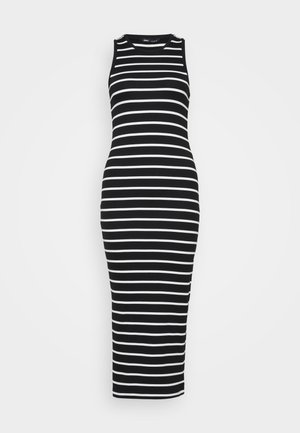 Mustvalge triibuline ilma varrukateta midi kleit, mis on valmistatud ribakangast, omades keha järgivat siluetti ja ümmargust kaelust.