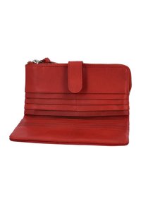 Cartera de cuero rojo con cierre de cremallera, que presenta múltiples compartimentos para tarjetas y una textura suave. Diseño conciso con un cierre de botón a presión.