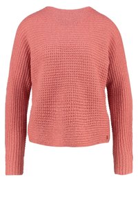 Pull en tricot rose poussiéreux avec un motif texturé en nid d'abeille ; présente un col rond et des manches longues.