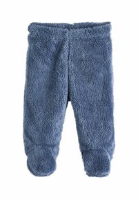 Fuzzy blå barnbyxor gjorda av mjukt material, med en åtsittande midja och fötter med rundade tår.
