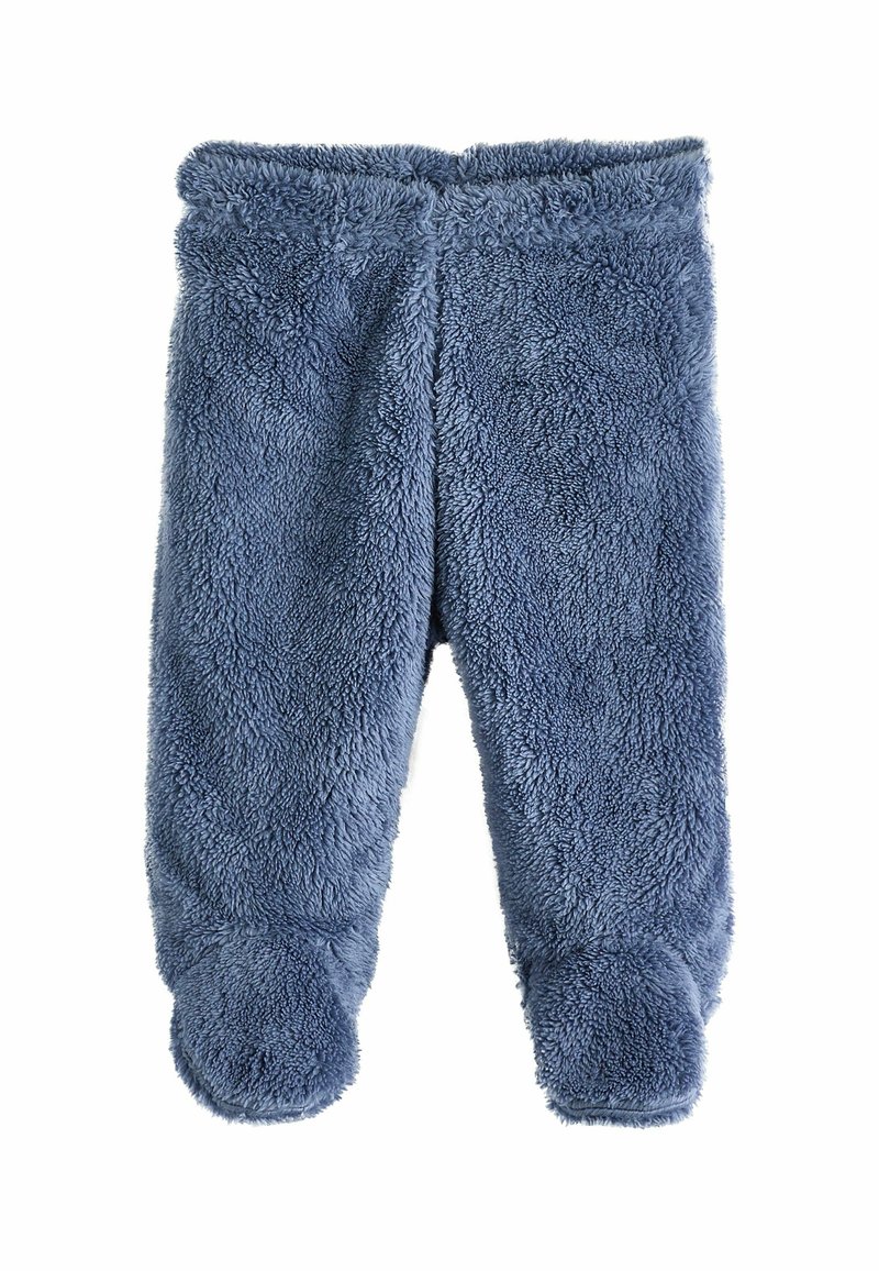Fuzzy blå barnbyxor gjorda av mjukt material, med en åtsittande midja och fötter med rundade tår.