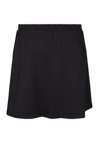 Mustan puuvillahameen tasaisella jousto-ompeleella, A-linjainen muoto ja sileä pinta; sisältää sivutaskut lisäyksittäin.