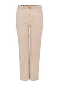 Vaqueros rectos beige con botón frontal y cremallera, trabillas para el cinturón y diseño de cinco bolsillos.