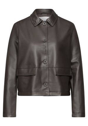 Dunkelbraune Lederjacke mit langen Ärmeln, Knopfleiste vorne, Kragen und zwei Patttaschen auf Taillenhöhe.