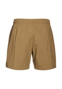 Khaki shorts gemaakt van lichtgewicht stof, met een elastische tailleband, vlakke voorkant en een eenvoudig ontwerp zonder zakken of versieringen.