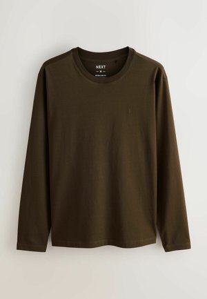 Long-sleeve shirt in dark olive green, made of soft cotton, featuring a round neckline and a small logo on the left chest.
