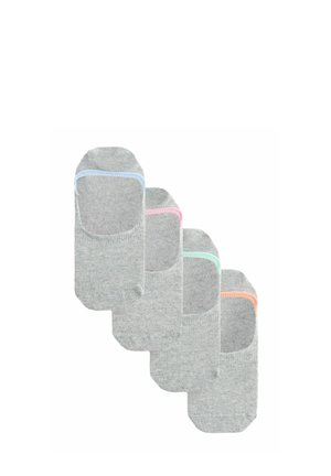 Four pairs of gray no-show socks, each with a different pastel-colored trim: blue, pink, green, and orange.
