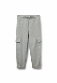 Graue Sweatpants aus weichem Stoff, mit elastischem Bund, zwei seitlichen Cargo-Taschen und elastischen Bündchen an den Knöcheln.