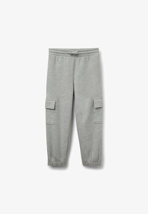 Graue Sweatpants aus weichem Stoff, mit elastischem Bund, zwei seitlichen Cargo-Taschen und elastischen Bündchen an den Knöcheln.